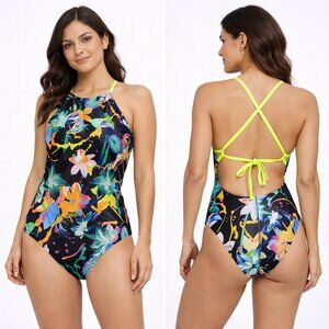 Speedo Y2K Floral One Piece Endurance Swimsuit Womens 10/36 Racerback Neon Strap